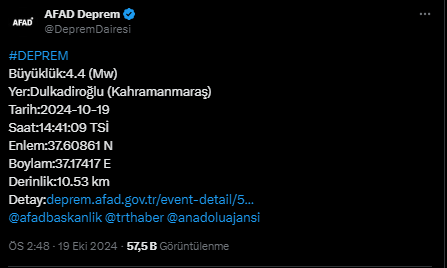 AFAD Açıkladı: Kahramanmaraş'ta 4.4 Büyüklüğünde Deprem!