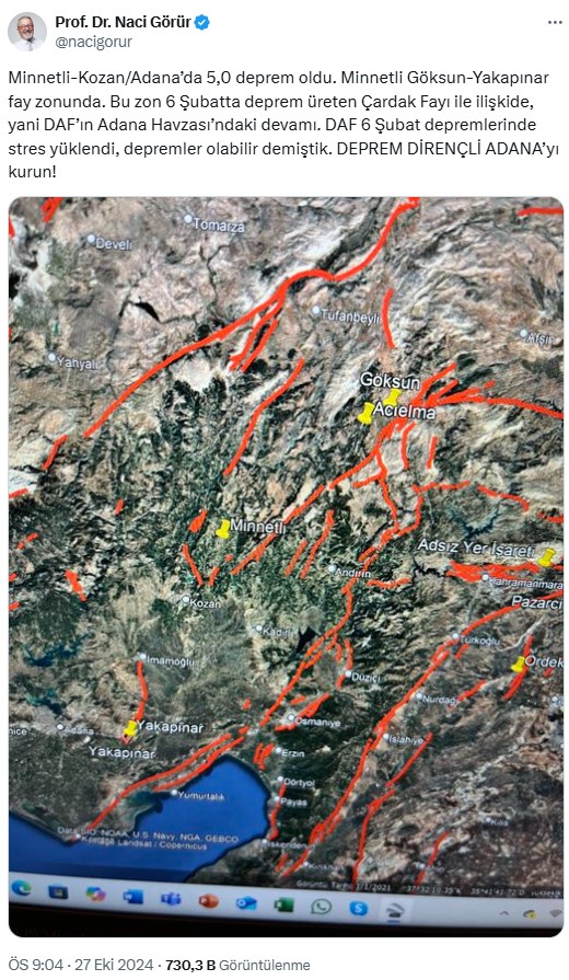 Naci Görür'den “Adana depremi” açıklaması