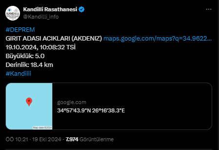 Kandilli Açıkladı Akdeniz'de 5 Büyüklüğünde Deprem! 