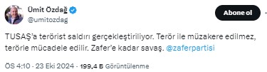 Ümit Özdağ TUSAŞ Saldırısı Sonrası Tweeti