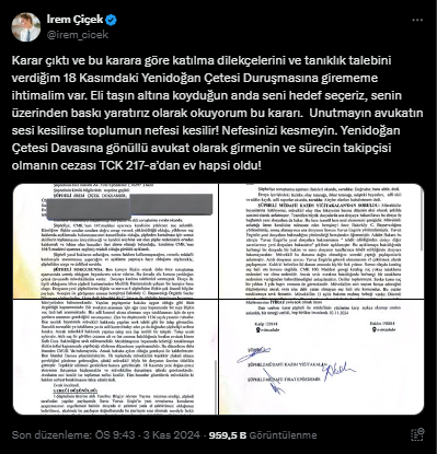 Avukat İrem Çiçek'e Verilen Ev Hapsi Kararına İtiraz Edildi! İrem Çiçek'e Destek Büyüyor