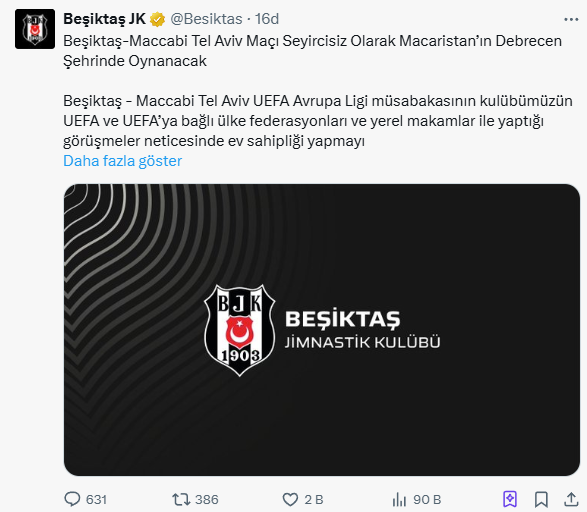 Beşiktaş - Maccabi Tel Aviv Maçının Oynanacağı Ülke Açıklandı