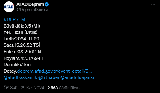 Bitlis’te 3.5 Büyüklüğünde Deprem!