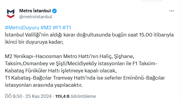 İstanbul Valiliği Bazı Metro İstasyonlarını İkinci Bir Duyuruya Kadar Kapattı