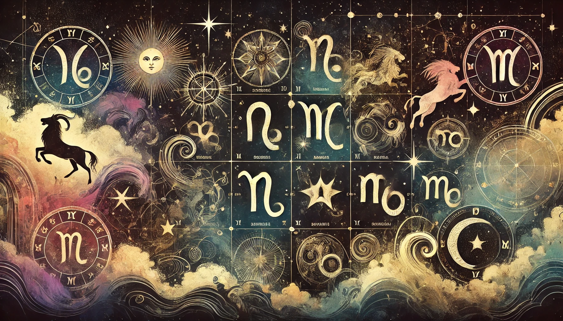 Dall·e 2024 11 03 09.21.56 An Elegant And Mystical Illustration Featuring A Selection Of Zodiac Signs In A Horizontal Layout. Each Zodiac Symbol Is Artistically Represented With