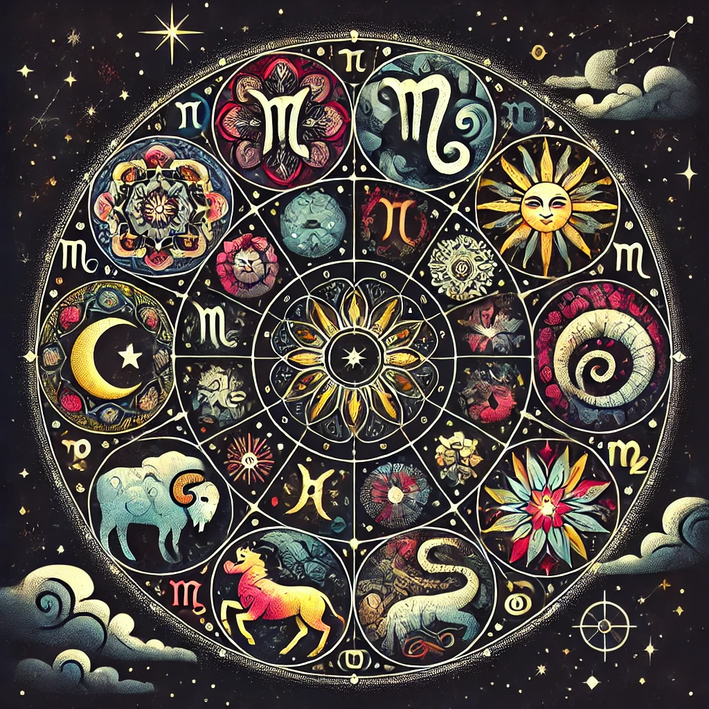 Dall·e 2024 11 03 09.23.04 An Elegant And Vibrant Illustration Featuring The Twelve Zodiac Signs In A Circular Layout. Each Zodiac Symbol Is Artistically Represented With Unique