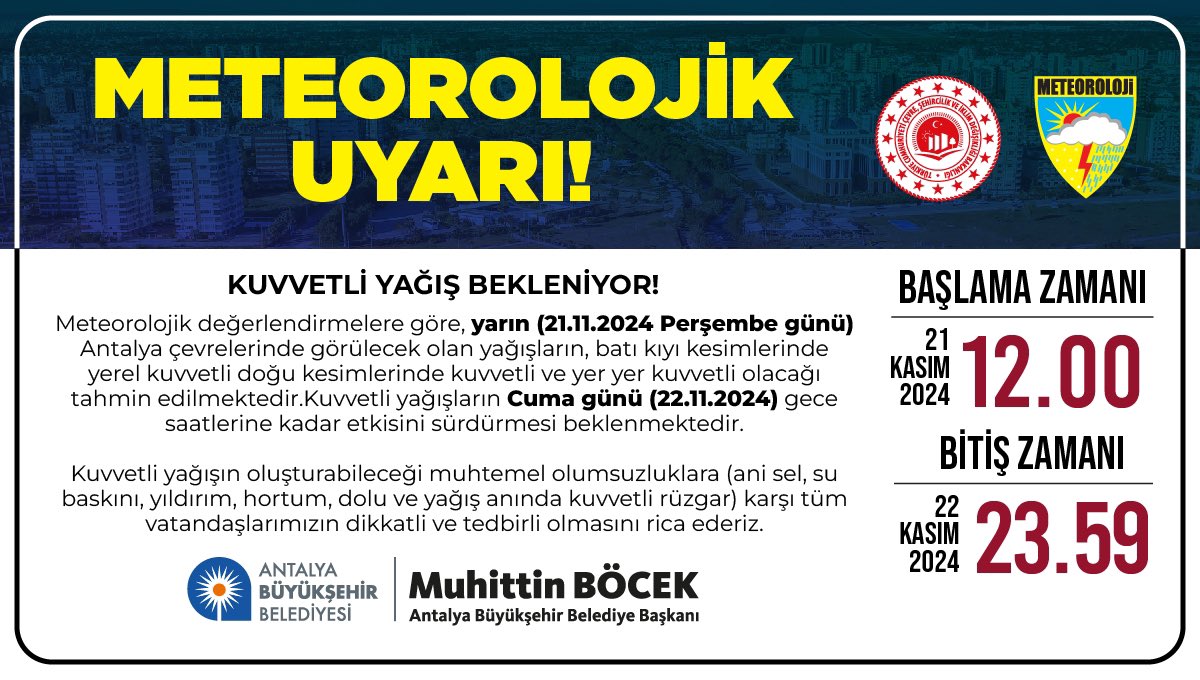 Valilikten Sonra Antalya Büyükşehir'de Yağış Uyarısı Yaptı