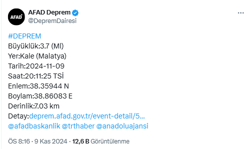 Malatya'da 3.7 Büyüklüğünde Deprem Meydana Geldi