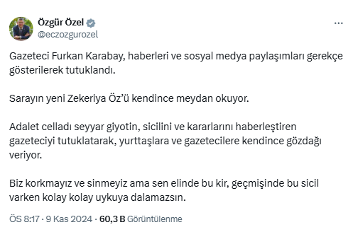 Özgür Özel’den Furkan Karabay'ın Tutuklanmasına Sert Tepki!