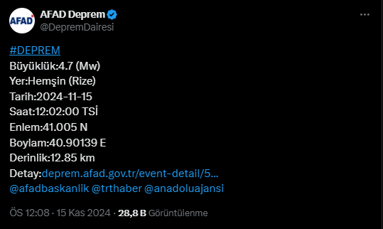 Rize'de 4.7 Büyüklüğünde Deprem!