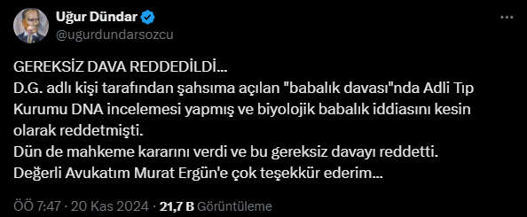 Uğur Dündar Hakkındaki Babalık Davasında Karar Açıklandı