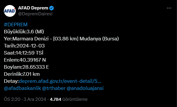 AFAD Açıkladı: Marmara Denizi'nde Deprem! Bursa Sallandı