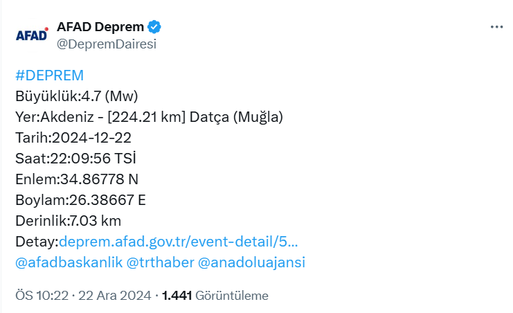 Akdeniz’de 4.7 Şiddetinde Deprem