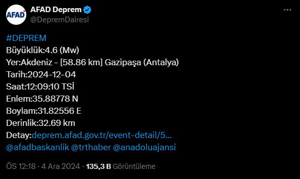 Antalya Yine Sallandı! 3.5 Büyüklüğünde Deprem