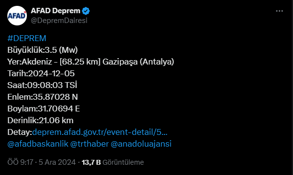 Antalya Yine Sallandı! 3.5 Büyüklüğünde Deprem