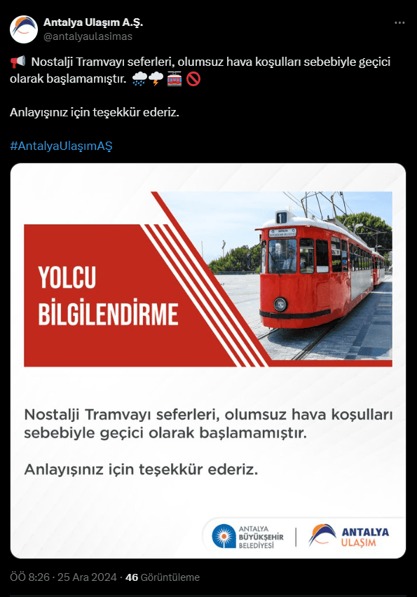 Antalya’da Nostalji Tramvay Seferleri Durduruldu