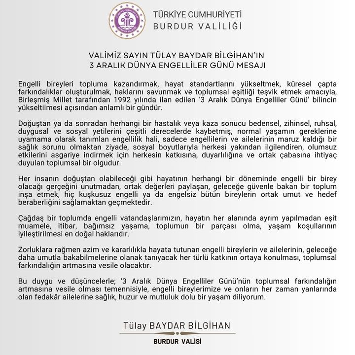 Burdur Valisi Bilgihandan Dünya Engelliler Gününde Toplumsal Eşitlik Çağrısı 2 Result