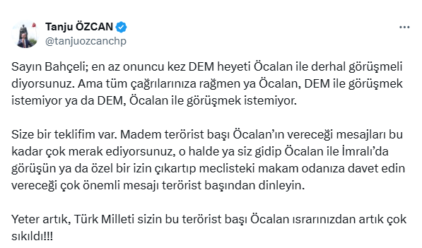 Tanju Özcan’dan Bahçeli’ye Yeni Öcalan Çağrısı