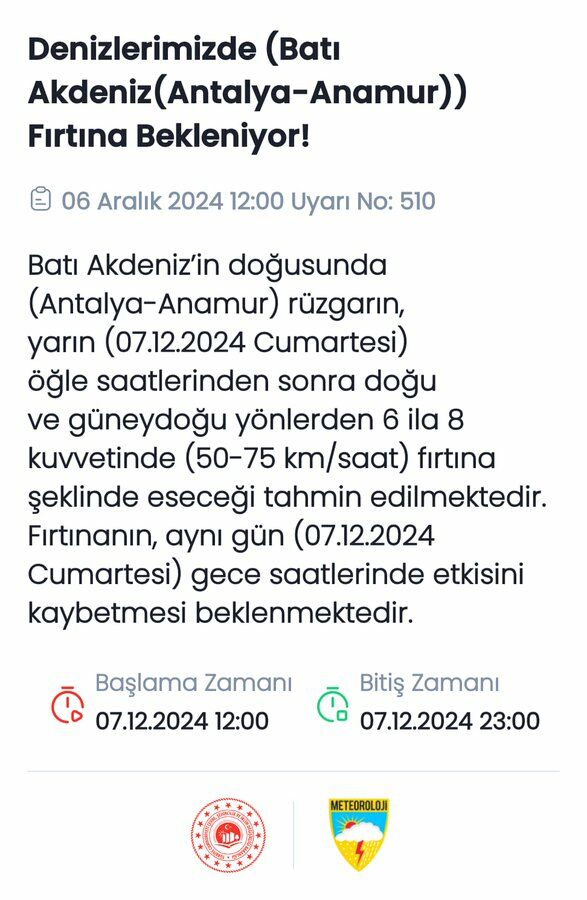 Meteoroloji Genel Müdürlüğü, Batı Akdeniz'de (Antalya-Anamur hattında) yarın fırtına beklendiğini duyurdu.