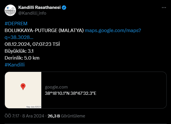 Malatya'da 3.1 Büyüklüğünde Deprem!