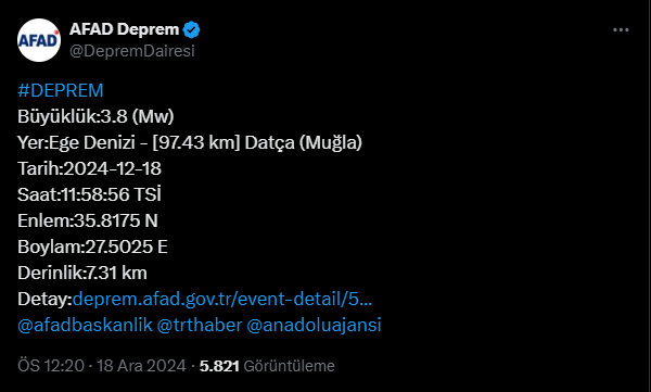 Muğla'da 3.8 Büyüklüğünde Deprem!