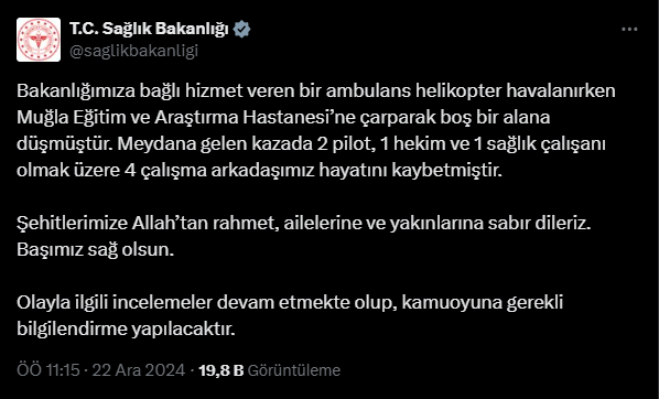 Muğla'da Helikopter Hastane Binasına Çarptı