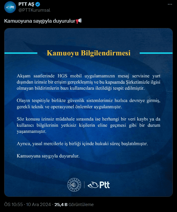 PTT’den HGS Uygulamasındaki Siber Saldırıya İlişkin Açıklama