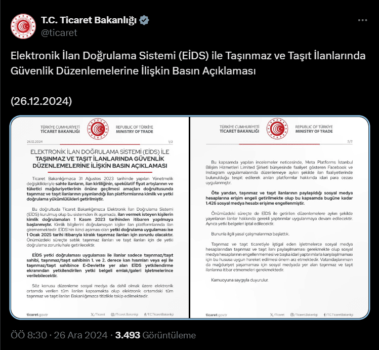 Ticaret Bakanlığı Duyurdu: Taşınmaz ve Taşıt İlanlarında Yeni Dönem!