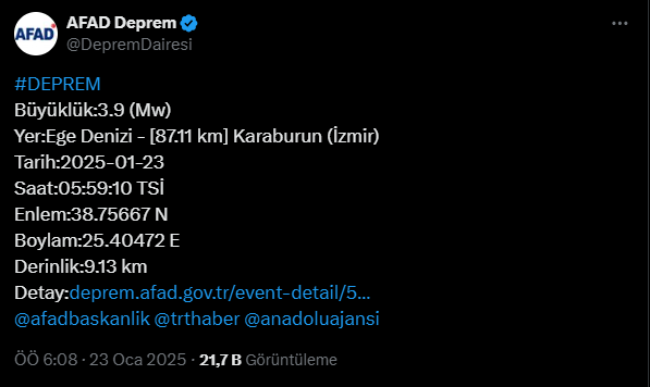 AFAD Duyurdu: İzmir'de 3.9 Büyüklüğünde Deprem!