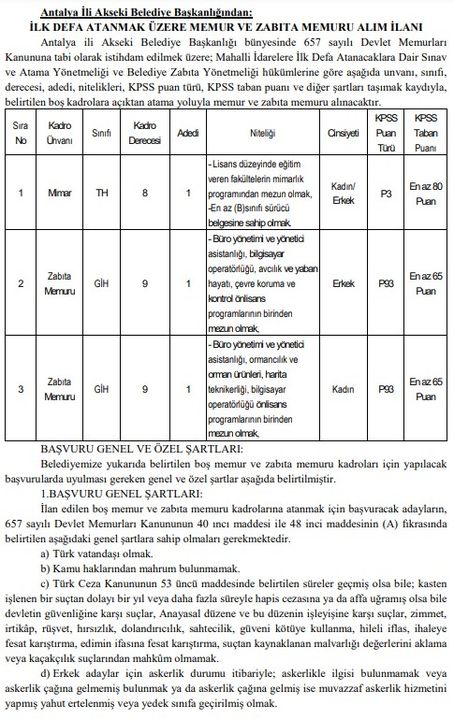 Akseki Belediyesi Mimar Ve Zabıta Alacak! Personel Alımı Başvuru Şartları 2