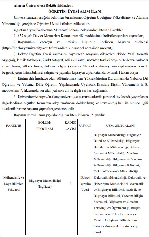 Alanya Üniversitesi Öğretim Üyeleri Alacak 2