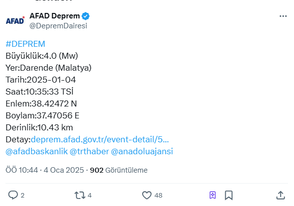 Malatya’da 4.0 Büyüklüğünde Deprem!