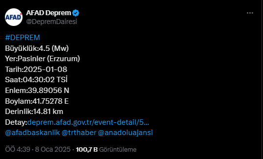 Erzurum'da 4.5 Büyüklüğünde Deprem