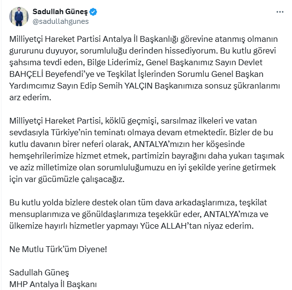 MHP Antalya’ya Sadullah Güneş Atandı