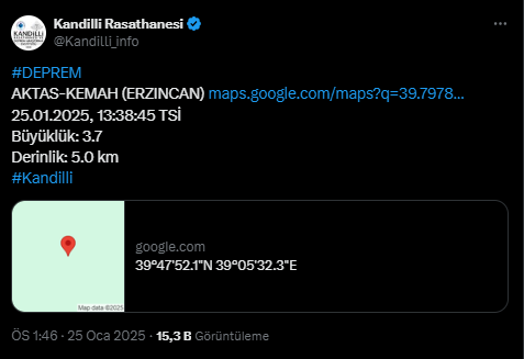 Kandilli Açıkladı: Erzincan'da 3.7 Büyüklüğünde Deprem!