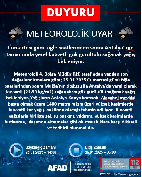 Meteoroloji'den Antalya İçin Sağanak ve Kar Yağışı Uyarısı!