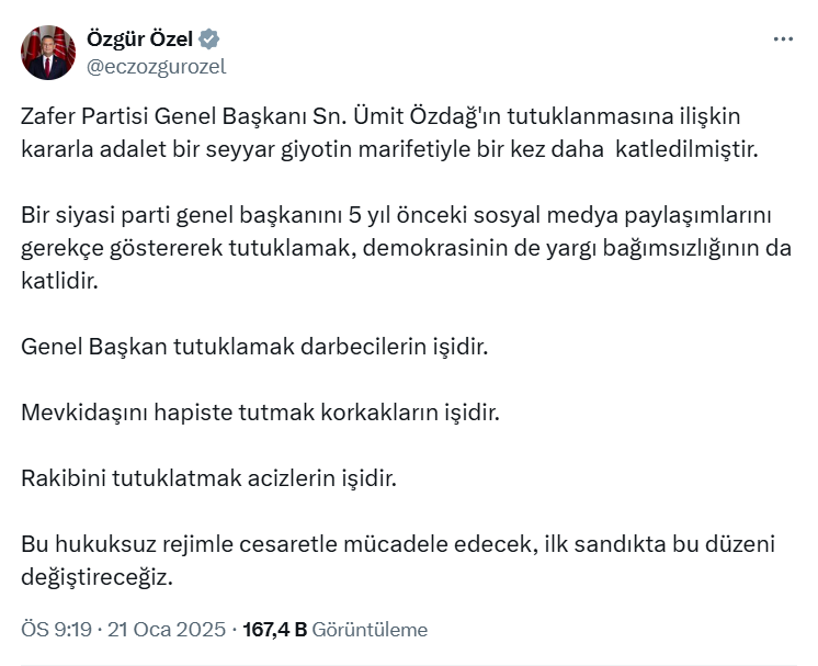 Özgür Özel'dan Ümit Özdağ'ın Tutuklanmasının Ardından Açıklama