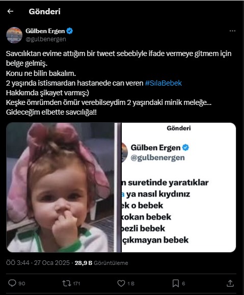 Sıla Bebek Paylaşımı Gülben Ergen’i Savcılığa Götürdü1