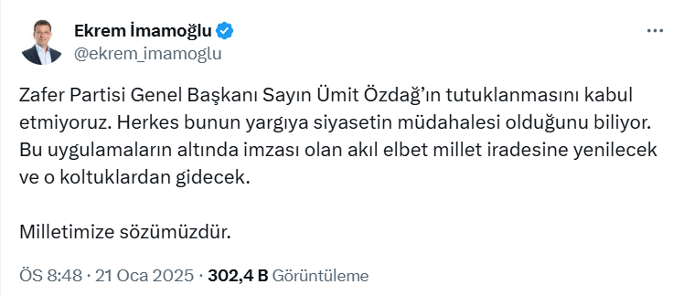 Ümit Özdağ'ın Tutuklanmasına Ekrem İmamoğlu'ndan Tepki!