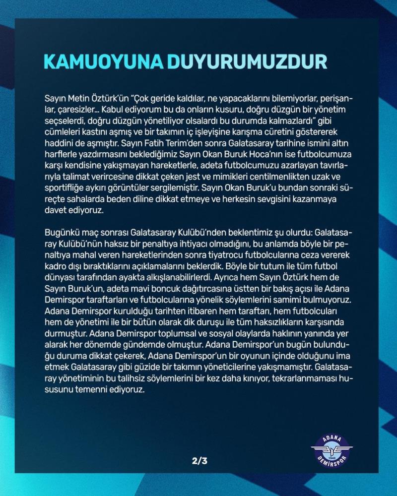 Adana Demirspor'dan Galatasaray Maçı Sonrası İlk Açıklama!