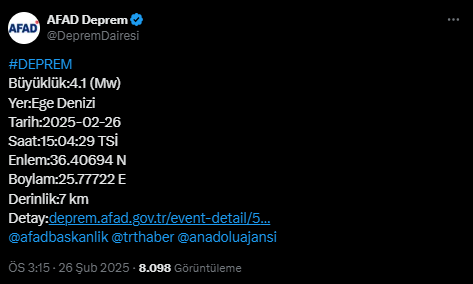  AFAD Açıkladı! Ege Denizi'nde 4.1 Büyüklüğünde Deprem