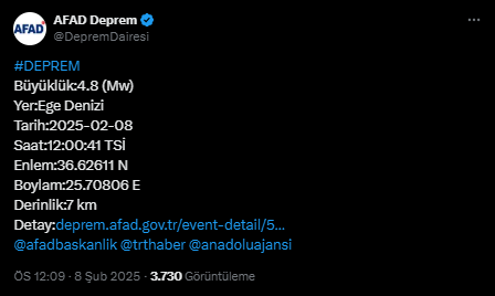 AFAD Açıkladı: Ege Denizi'nde 4.8 Büyüklüğünde Deprem!