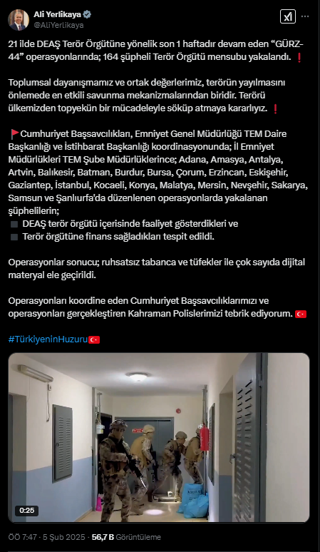 İçişleri Bakanı Ali Yerlikaya, sosyal medya hesabından yaptığı açıklamada, Antalya dahil olmak üzere 21 ilde düzenlenen IŞİD ter*r örgütüne yönelik operasyonlarla ilgili önemli bilgiler paylaştı. 