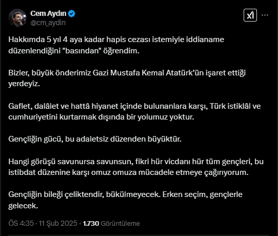 CHP Gençlik Kolları Başkanı Cem Aydın’dan Hapis İstemine Tepki!