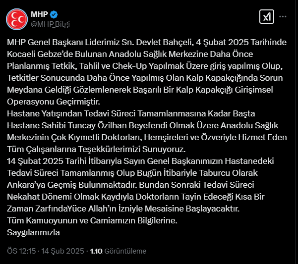 Devlet Bahçeli'nin Sağlığı Hakkında Yeni Gelişme