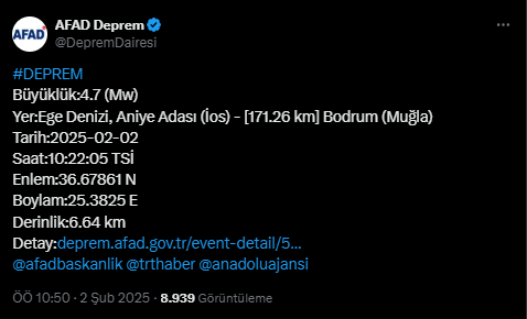 Ege Deniz'i Bodrum Açıklarında 4.7 Büyüklüğünde Deprem!