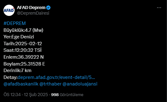 Ege Denizi'nde 10 Dakika Arayla 4.8'lik İkinci Deprem!