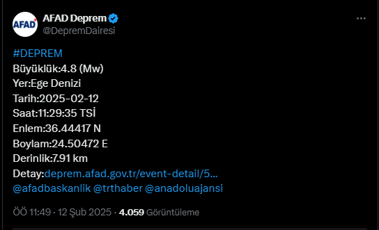 Ege Denizi'nde 4.8 Büyüklüğünde Deprem! İzmir ve Çevresinde Hissedildi