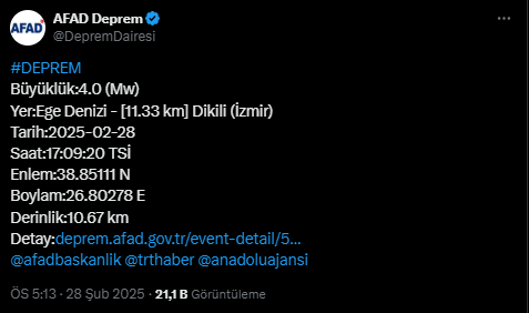 İzmir'de 4 Büyüklüğünde Deprem!