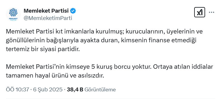 Memleket Partisi’nden 30 Milyon TL Borç İddialarına Sert Yanıt